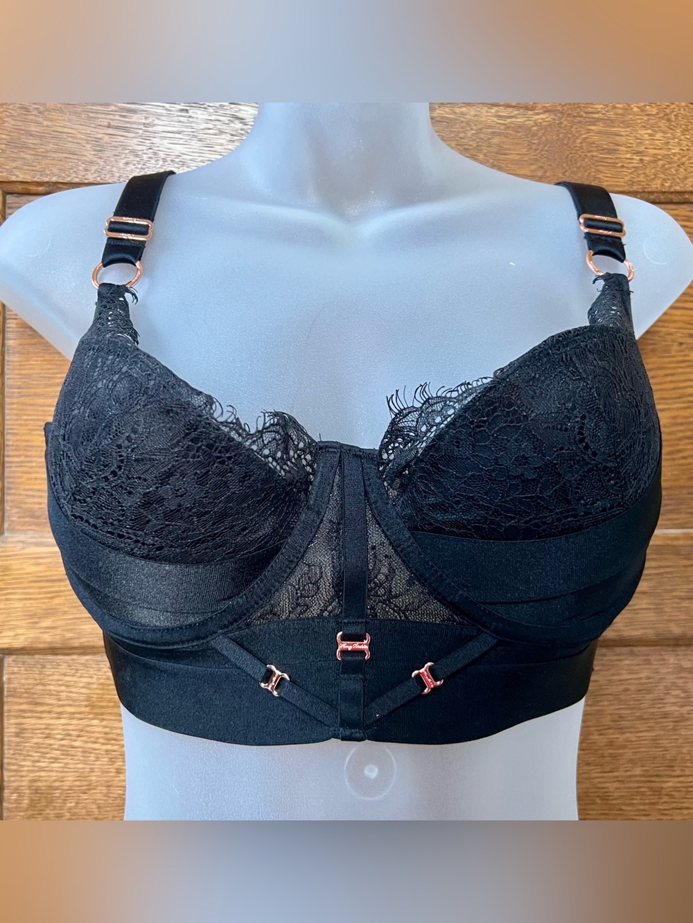 Honey Birdette Black Lace Push-up Bra with Gold Accents